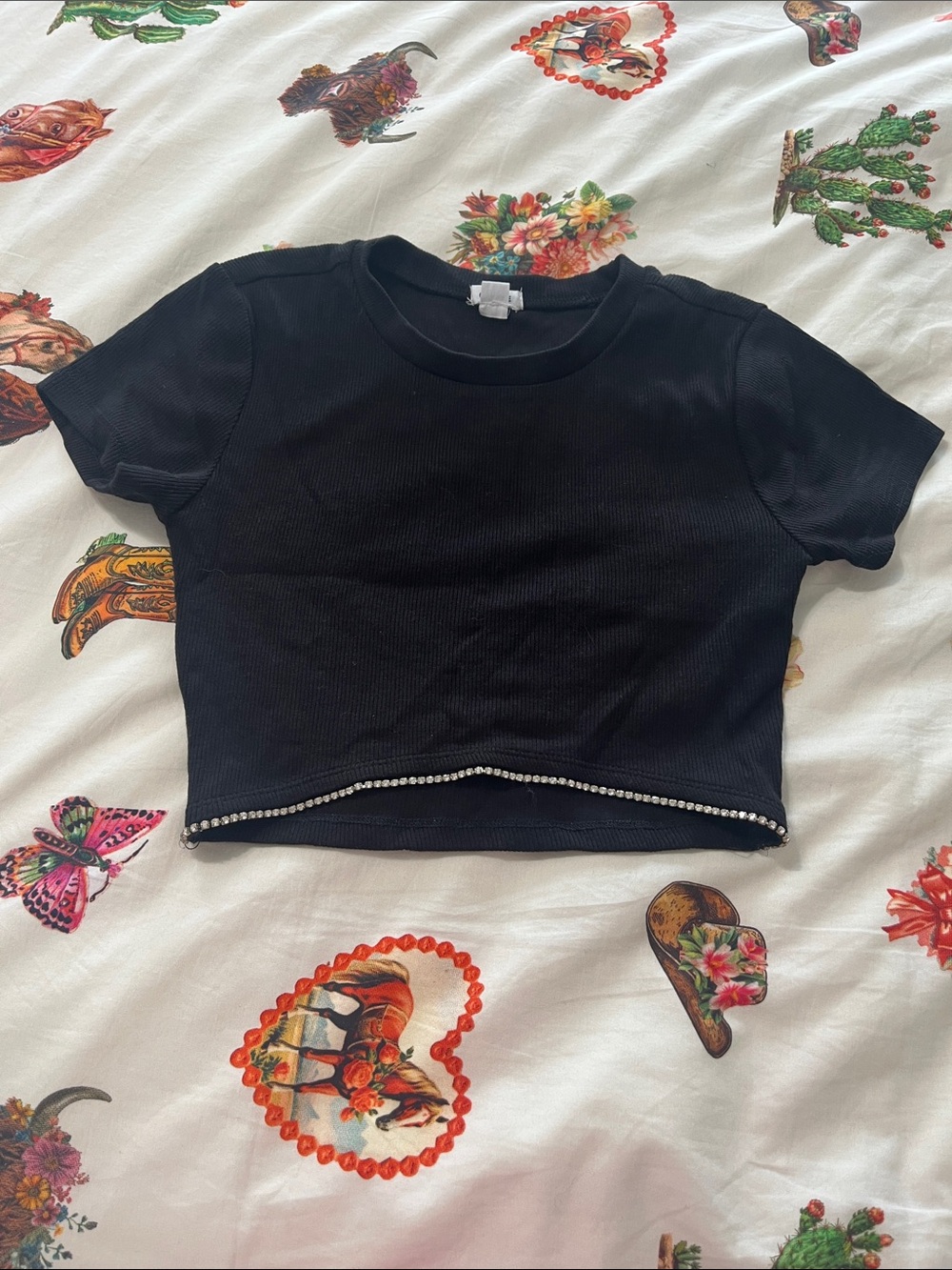 Garage Black Ribbed Tee with Rhinestone Hem